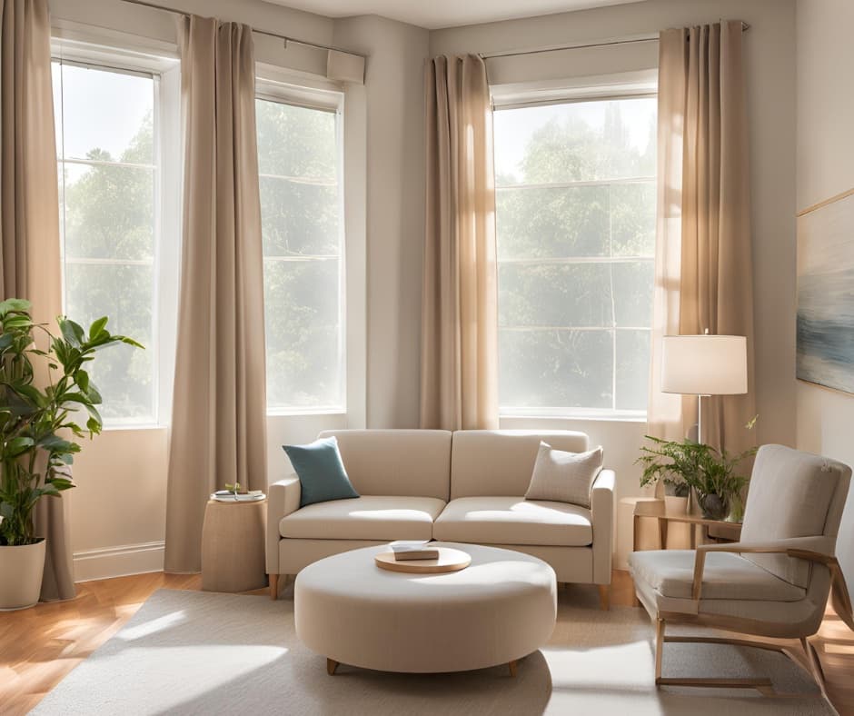 A bright, calm therapy office with a couch, armchair and plants