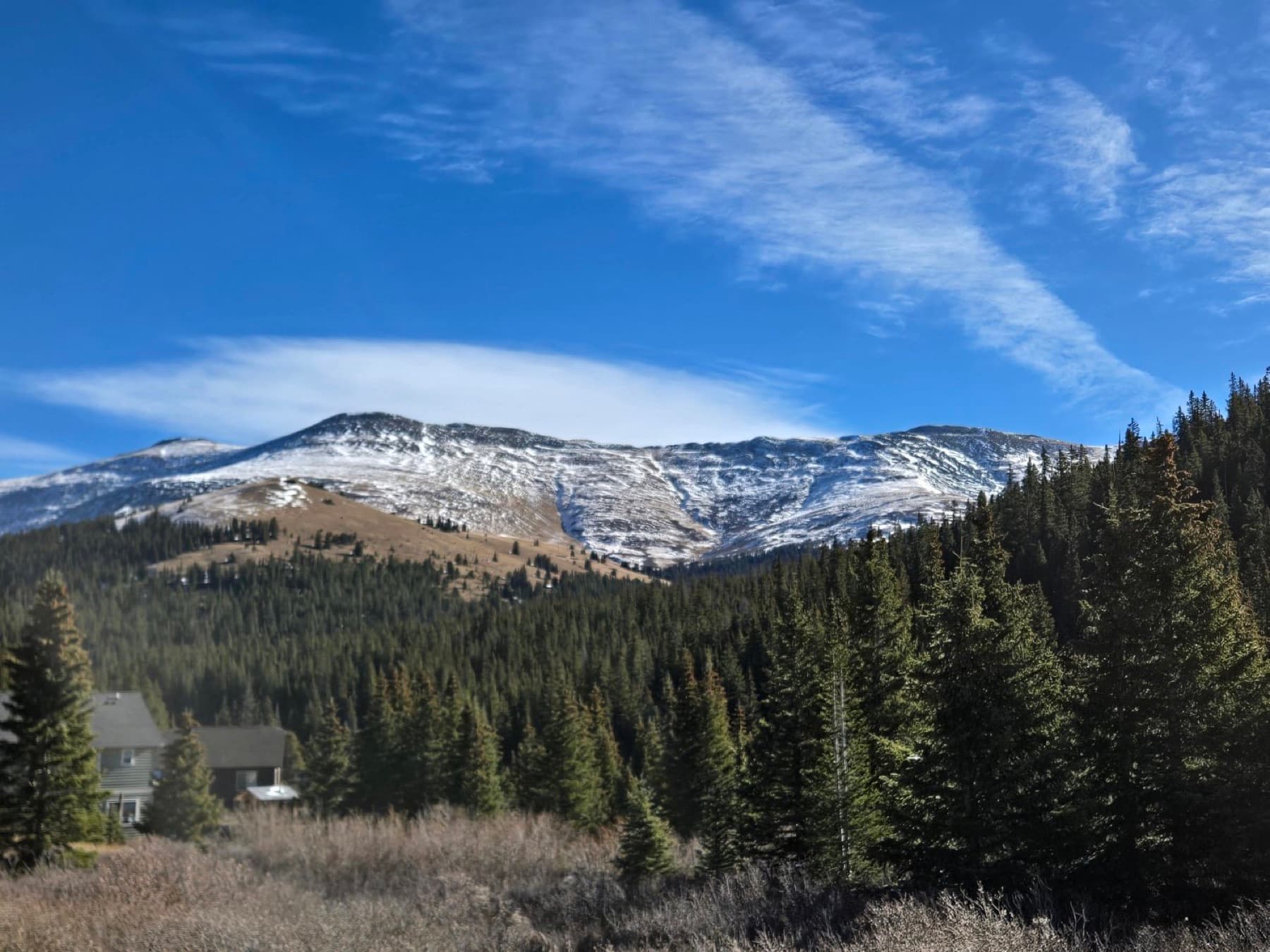 Snow-dusted mountains above an evergreen forest in Colorado