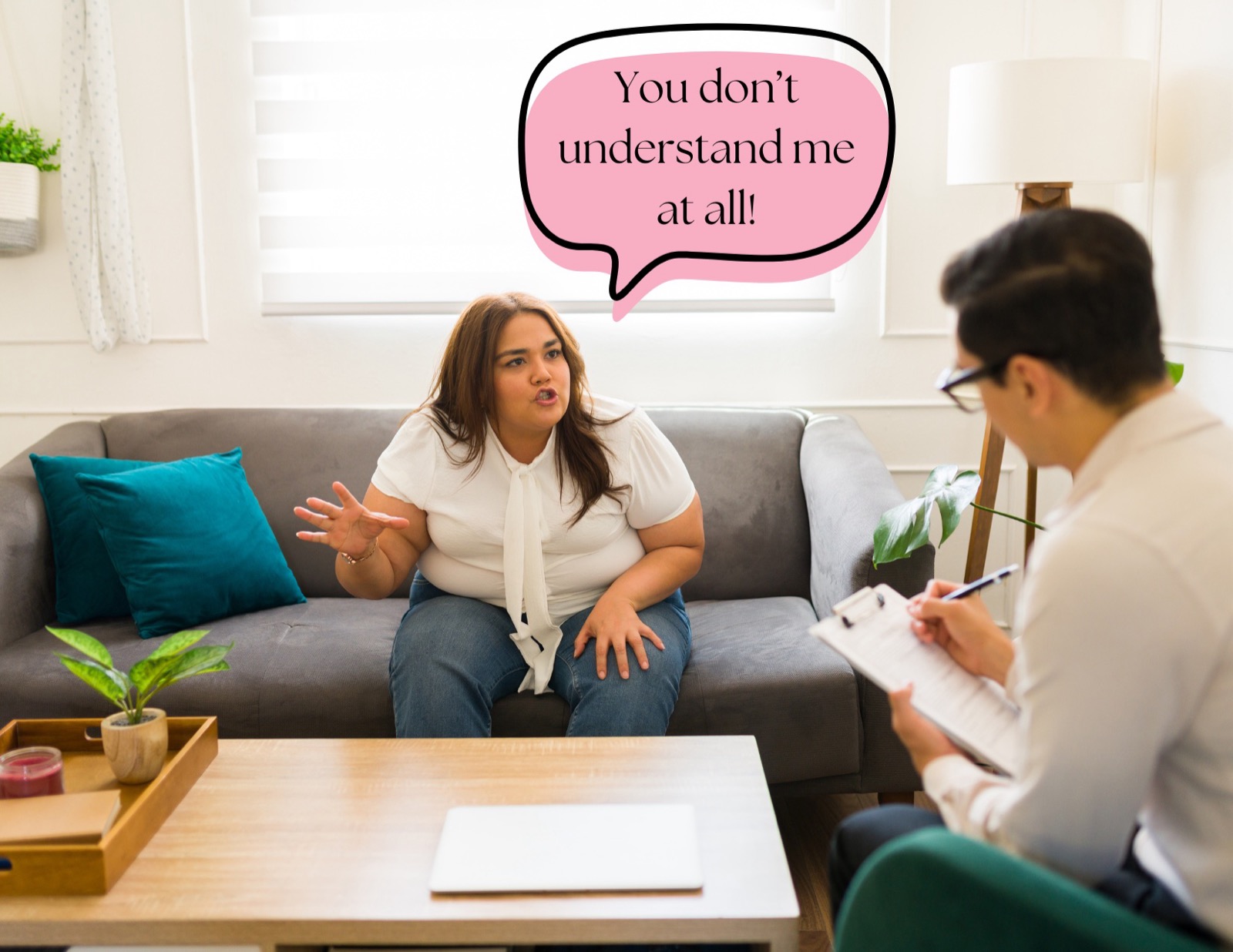 A woman on a couch telling her therapist, "You don’t understand me at all!"